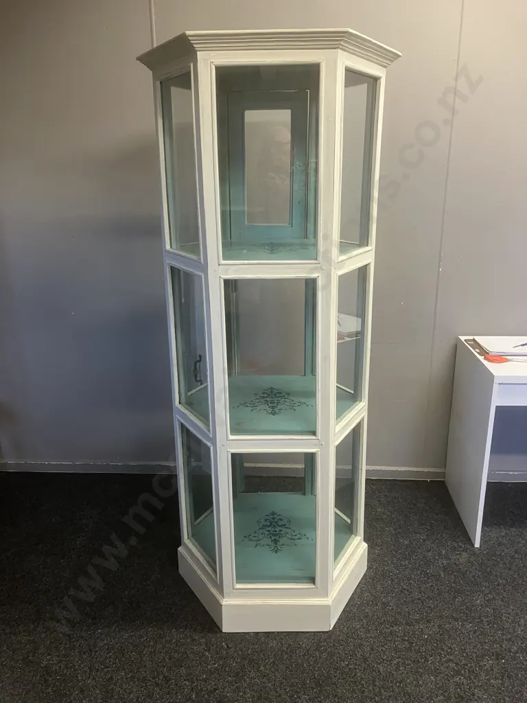 Shabby Chic Six Sided Glass Display Stand, 2 Door, Metal Cage Handles. 179.5 x 68cm Image 1++