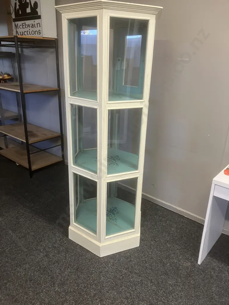 Shabby Chic Six Sided Glass Display Stand, 2 Door, Metal Cage Handles. 179.5 x 68cm Image 1++