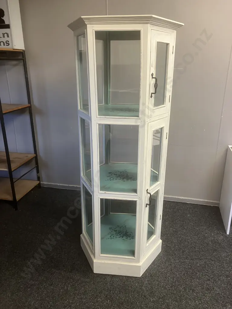 Shabby Chic Six Sided Glass Display Stand, 2 Door, Metal Cage Handles. 179.5 x 68cm Image 1++