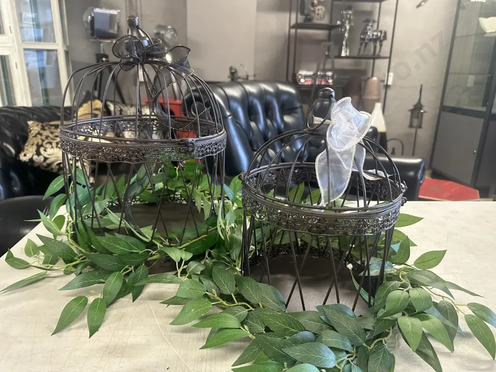 Pair Of Wrought Birdcage Decor With Greenery Image 1++