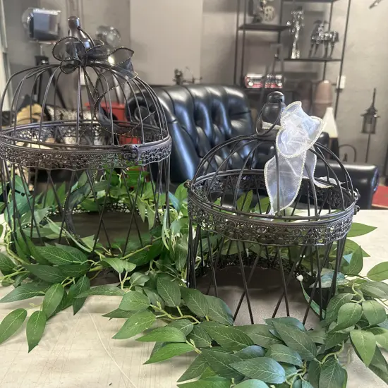 Pair Of Wrought Birdcage Decor With Greenery