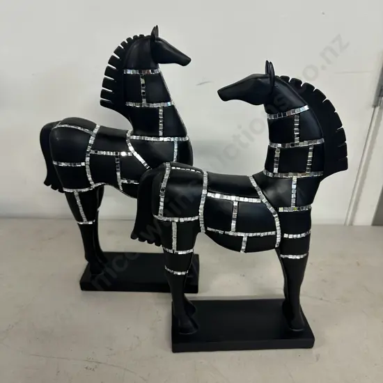 Decorative Black & Silver Detailed Horse Sculptures x2