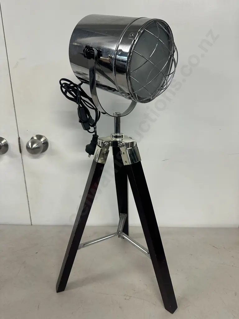 Tripod Table Lamp Wooden Legs Silver Metal Detail Image 1++