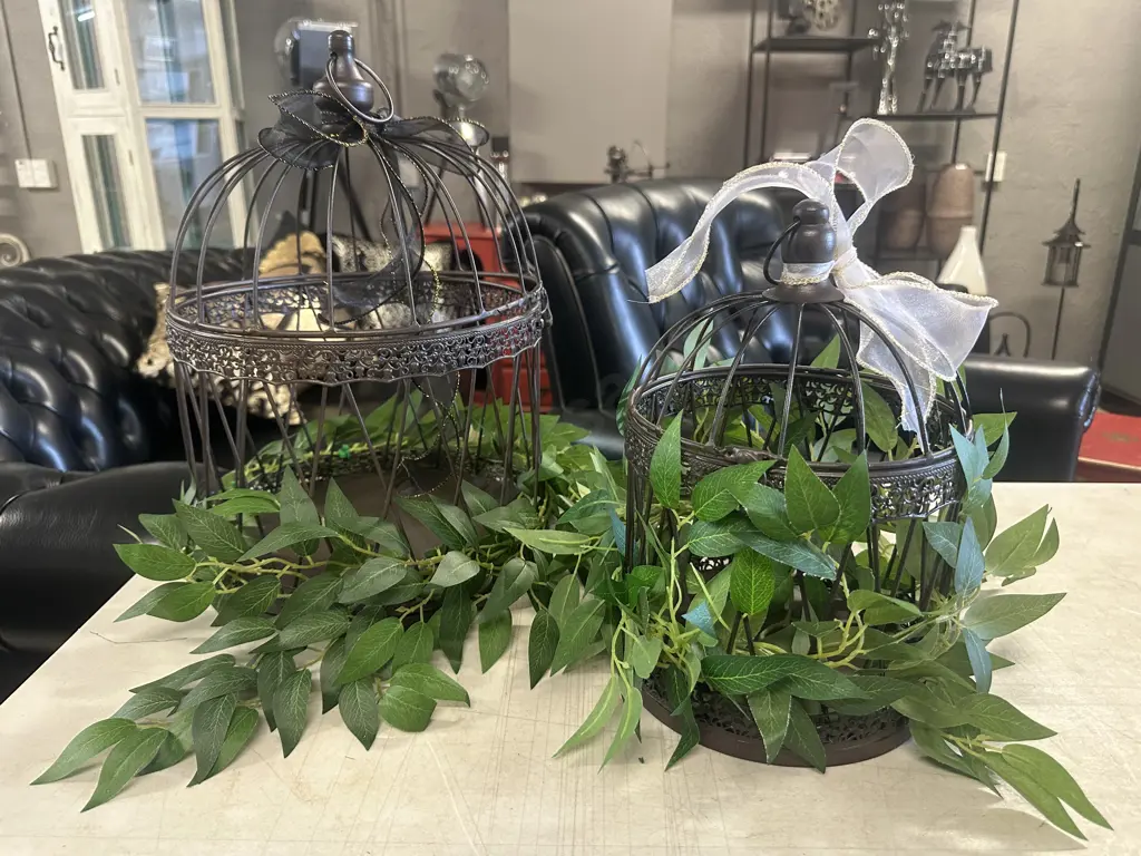 Pair Of Wrought Birdcage Decor With Greenery Image 1++