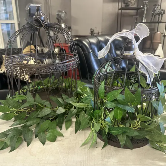 Pair Of Wrought Birdcage Decor With Greenery