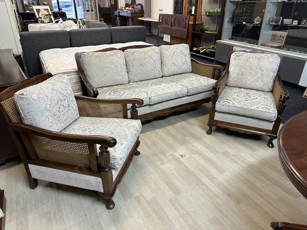 Mahogany Framed Bergere Lounge Suite With Cream Upholstery Image 1++