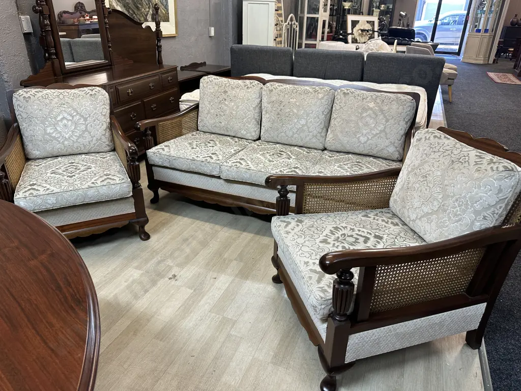 Mahogany Framed Bergere Lounge Suite With Cream Upholstery Image 1++