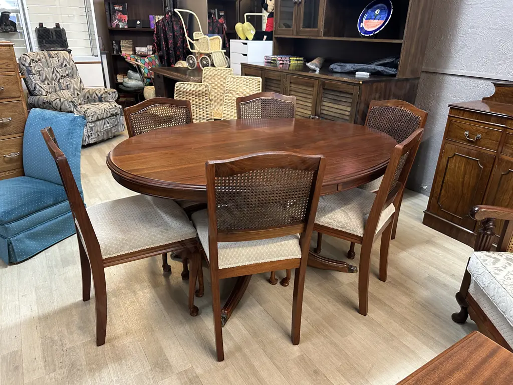 Mahogany Oval Table Single Pedestal With Six Bergere Back Chairs 74x152x110cm. Image 1++
