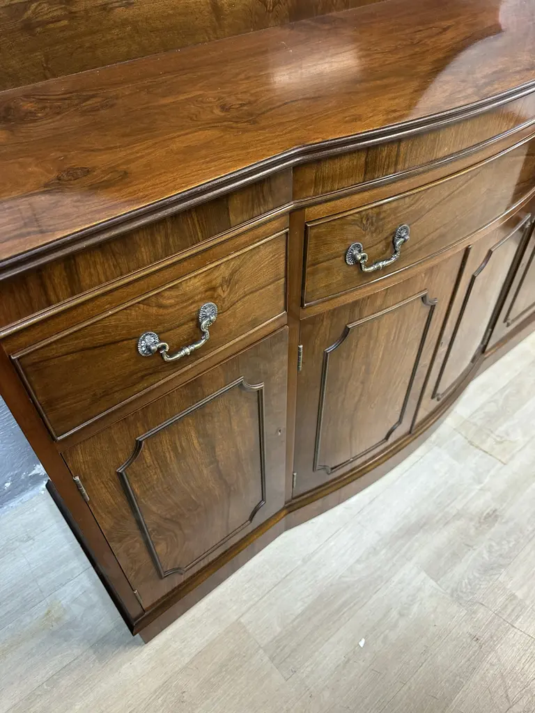 Ornate Mahogany Bow Front, Three Drawer With 1x Felted Cutlery Drawer & Two Doors & Keys 127x140x39cm. Image 1++