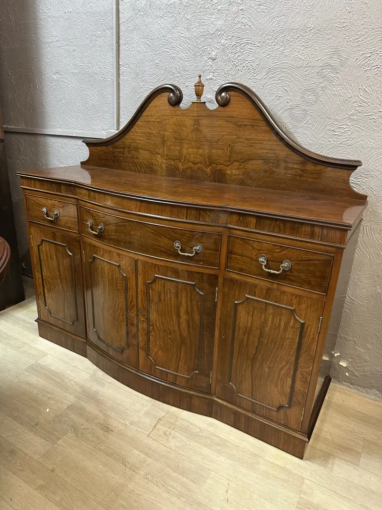 Ornate Mahogany Bow Front, Three Drawer With 1x Felted Cutlery Drawer & Two Doors & Keys 127x140x39cm. Image 1++