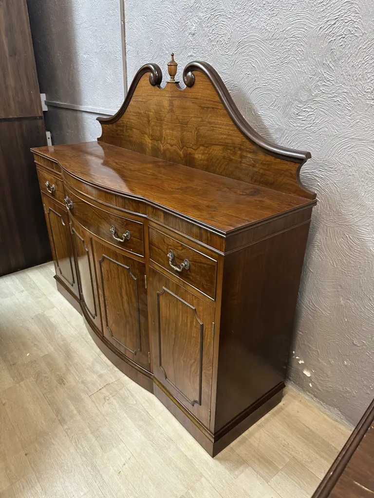Ornate Mahogany Bow Front, Three Drawer With 1x Felted Cutlery Drawer & Two Doors & Keys 127x140x39cm. Image 1++