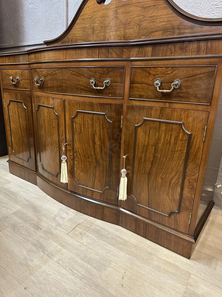 Ornate Mahogany Bow Front, Three Drawer With 1x Felted Cutlery Drawer & Two Doors & Keys 127x140x39cm. Image 1++