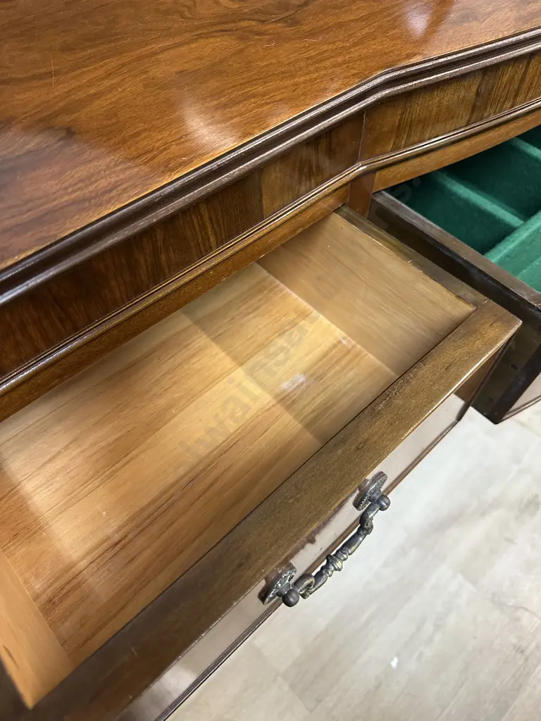 Ornate Mahogany Bow Front, Three Drawer With 1x Felted Cutlery Drawer & Two Doors & Keys 127x140x39cm. Image 1++