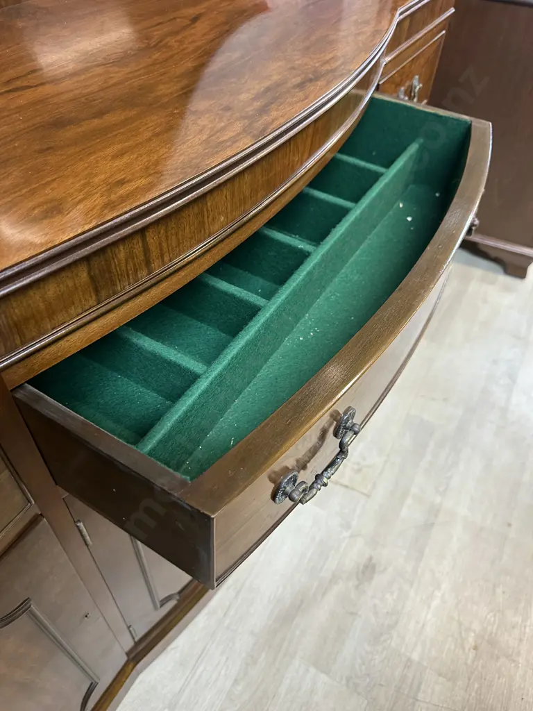 Ornate Mahogany Bow Front, Three Drawer With 1x Felted Cutlery Drawer & Two Doors & Keys 127x140x39cm. Image 1++