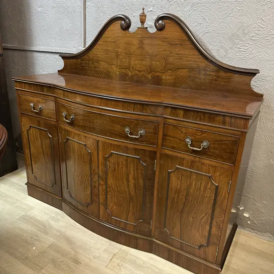 Ornate Mahogany Bow Front, Three Drawer With 1x Felted Cutlery Drawer & Two Doors & Keys 127x140x39cm.