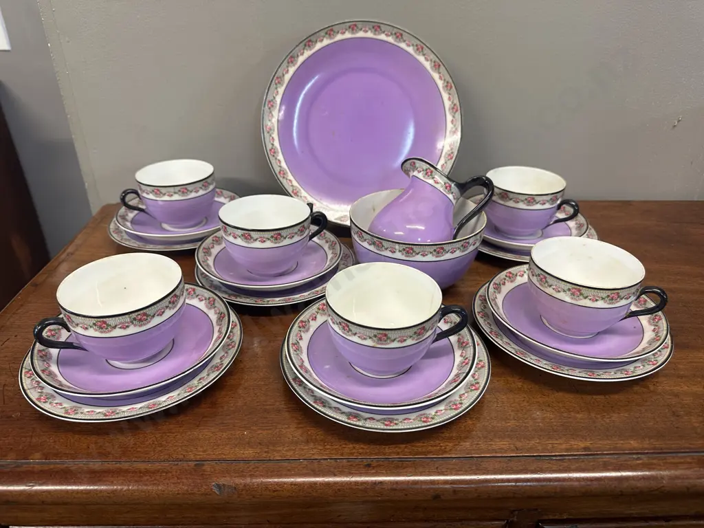 Vintage Czechoslovakia Teaware Items Lavender & Black With Delicate Floral Border Pattern Image 1++