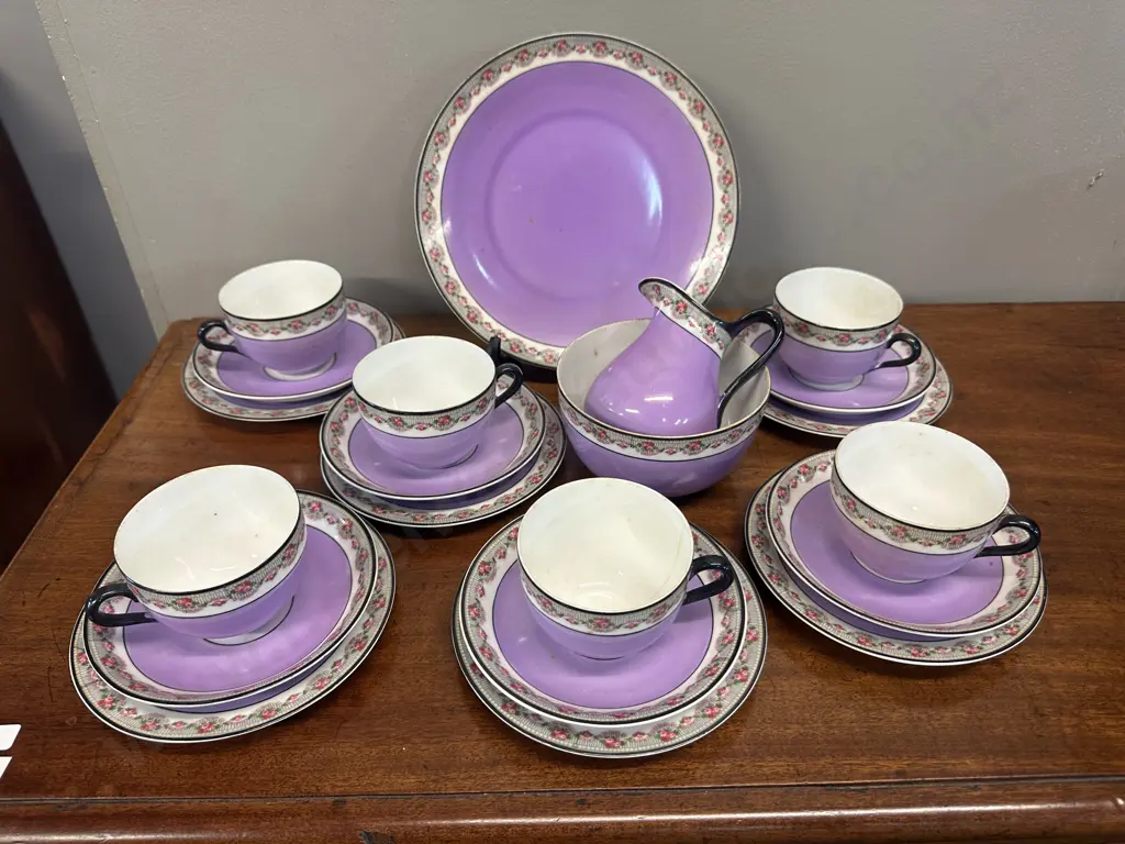 Vintage Czechoslovakia Teaware Items Lavender & Black With Delicate Floral Border Pattern Image 1++
