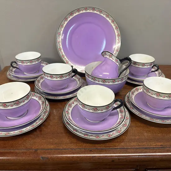 Vintage Czechoslovakia Teaware Items Lavender & Black With Delicate Floral Border Pattern