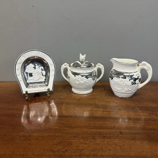 Vintage Wedgwood D Ye Ken John Peel Creamer, Sugar Bowl & Horseshoe Dish