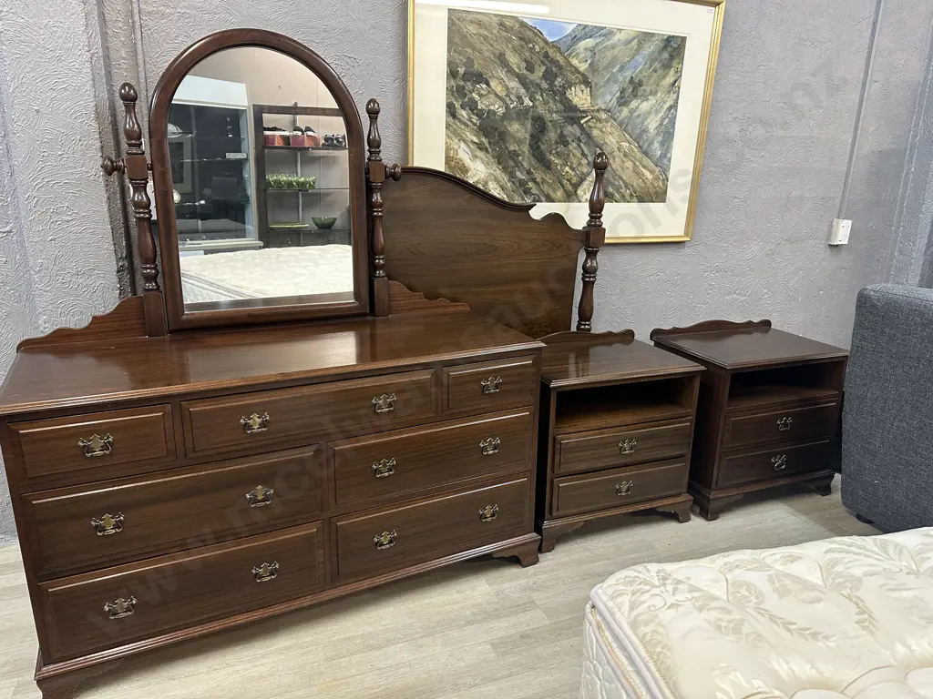 Mahogany Bedroom Suite Four Piece Including Double Headboard, Dressing Table & Pair Of Bedsides.  Image 1++