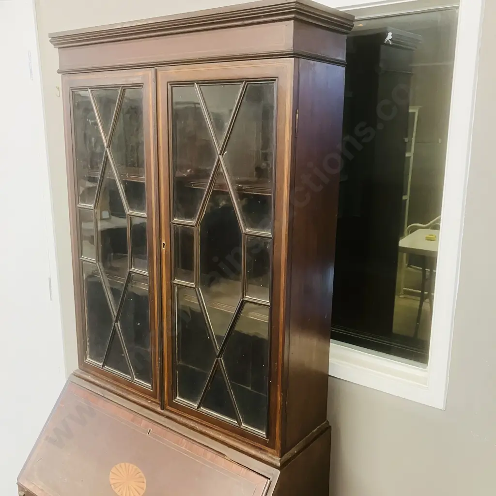 Edwardian Inlaid Mahogany Drop Front Secretary With Bookcase, 2 Piece. H183 W74.5 D42cm (No Key) Image 1++