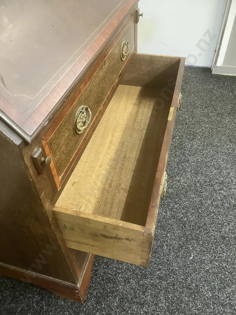 Edwardian Inlaid Mahogany Drop Front Secretary With Bookcase, 2 Piece. H183 W74.5 D42cm (No Key) Image 1++