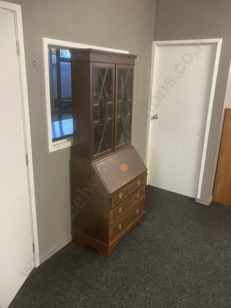 Edwardian Inlaid Mahogany Drop Front Secretary With Bookcase, 2 Piece. H183 W74.5 D42cm (No Key) Image 1++