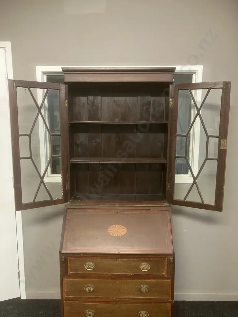 Edwardian Inlaid Mahogany Drop Front Secretary With Bookcase, 2 Piece. H183 W74.5 D42cm (No Key) Image 1++