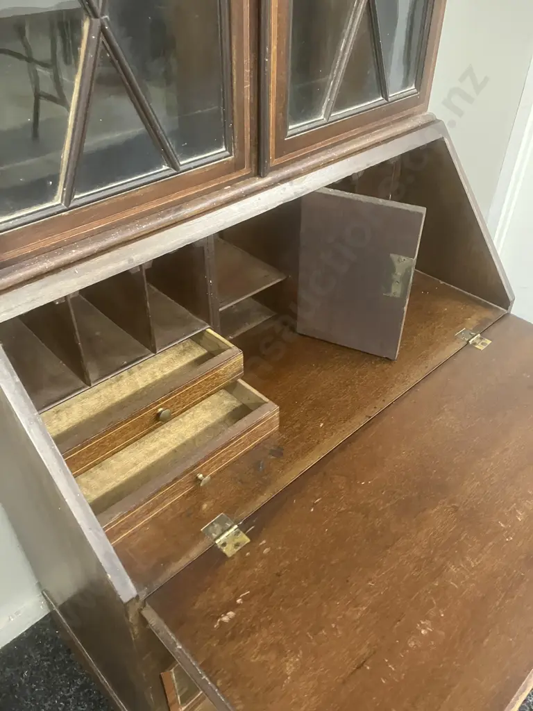 Edwardian Inlaid Mahogany Drop Front Secretary With Bookcase, 2 Piece. H183 W74.5 D42cm (No Key) Image 1++