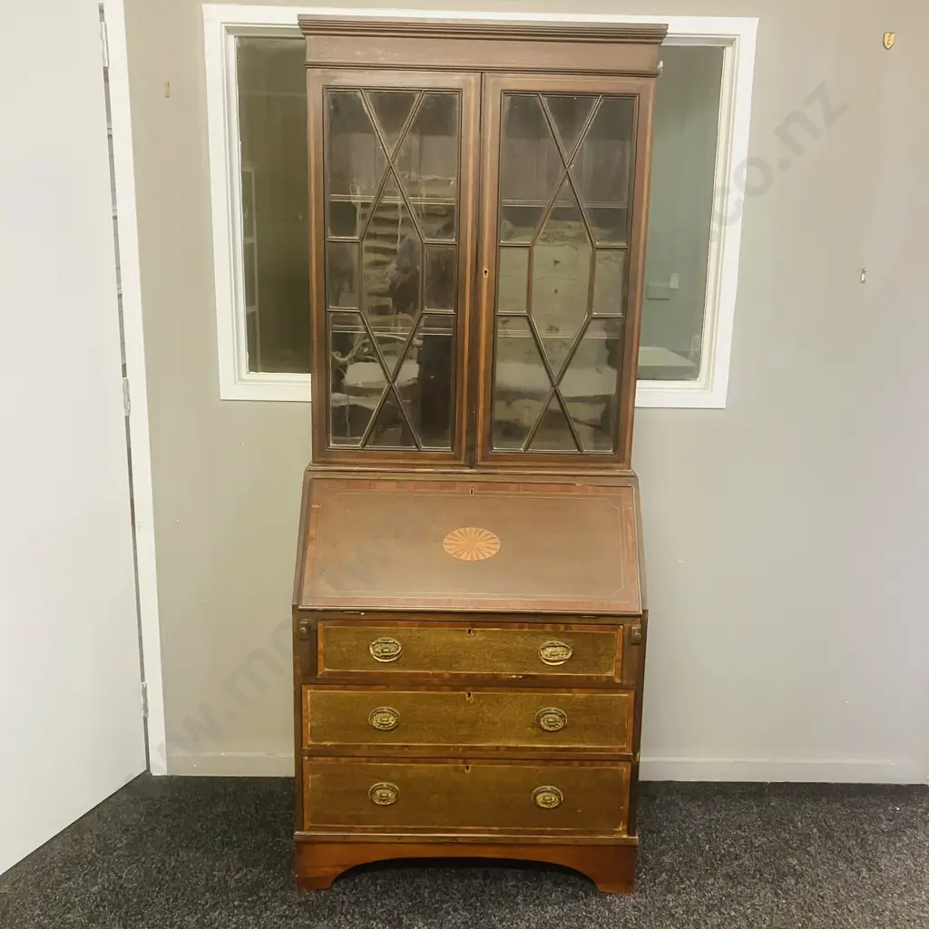 Edwardian Inlaid Mahogany Drop Front Secretary With Bookcase, 2 Piece. H183 W74.5 D42cm (No Key) Image 1++