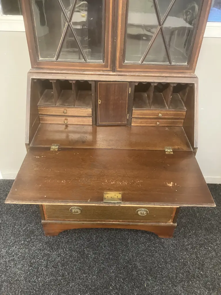 Edwardian Inlaid Mahogany Drop Front Secretary With Bookcase, 2 Piece. H183 W74.5 D42cm (No Key) Image 1++