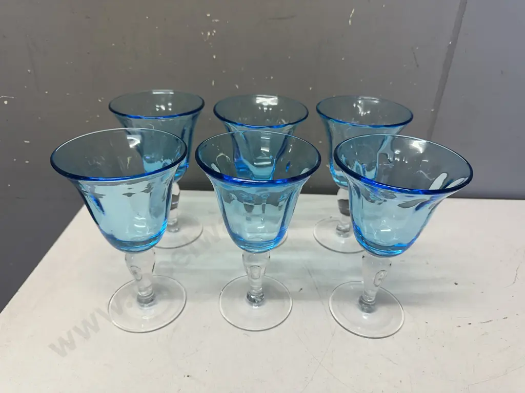 Vintage Set Of Six Footed Wine  Glasses Blue With Clear Stem Image 1++