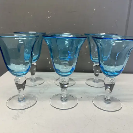 Vintage Set Of Six Footed Wine  Glasses Blue With Clear Stem