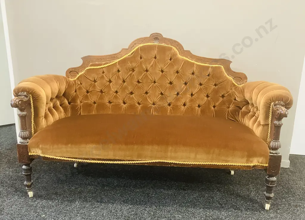 Victorian Carved Mahogany Button Back Settee With Bakelite Castors. H99 W163 D66cm Image 1++