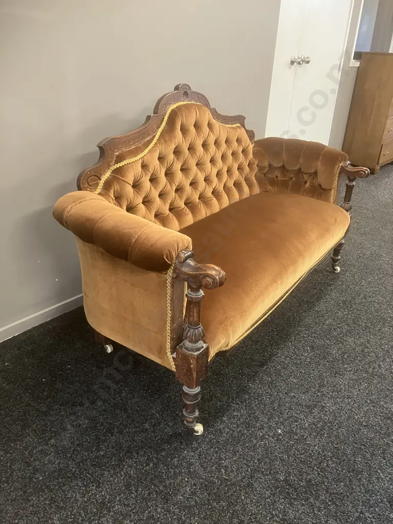 Victorian Carved Mahogany Button Back Settee With Bakelite Castors. H99 W163 D66cm Image 1++