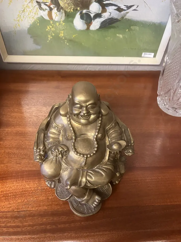 Vintage Brass Fengshui Laughing Buddha Figurine, Seated on Detailed Throne With Dragon Heads, Wealth Symbols At His Feet Image 1++