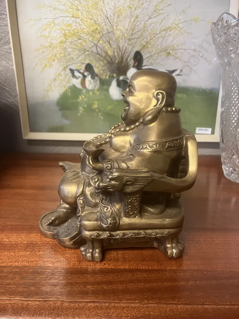 Vintage Brass Fengshui Laughing Buddha Figurine, Seated on Detailed Throne With Dragon Heads, Wealth Symbols At His Feet Image 1++