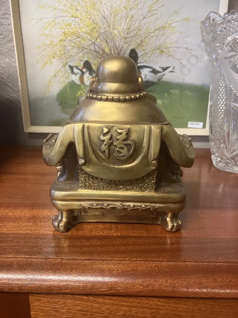 Vintage Brass Fengshui Laughing Buddha Figurine, Seated on Detailed Throne With Dragon Heads, Wealth Symbols At His Feet Image 1++