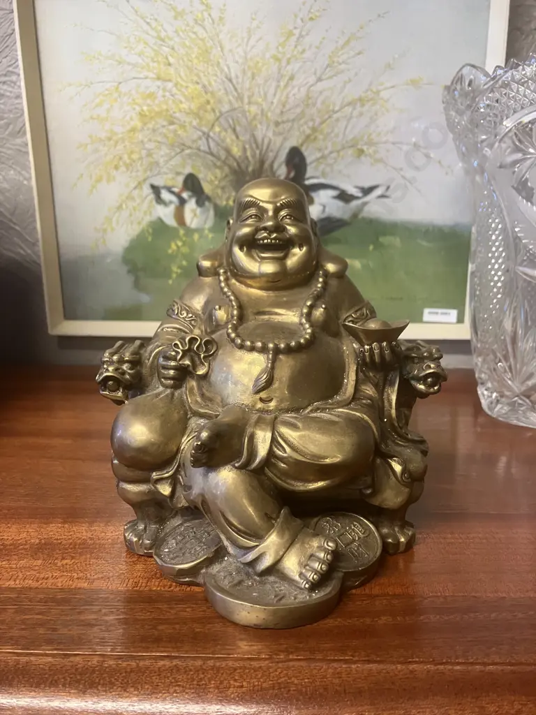 Vintage Brass Fengshui Laughing Buddha Figurine, Seated on Detailed Throne With Dragon Heads, Wealth Symbols At His Feet Image 1++
