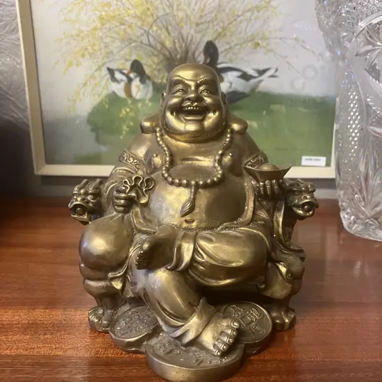 Vintage Brass Fengshui Laughing Buddha Figurine, Seated on Detailed Throne With Dragon Heads, Wealth Symbols At His Feet