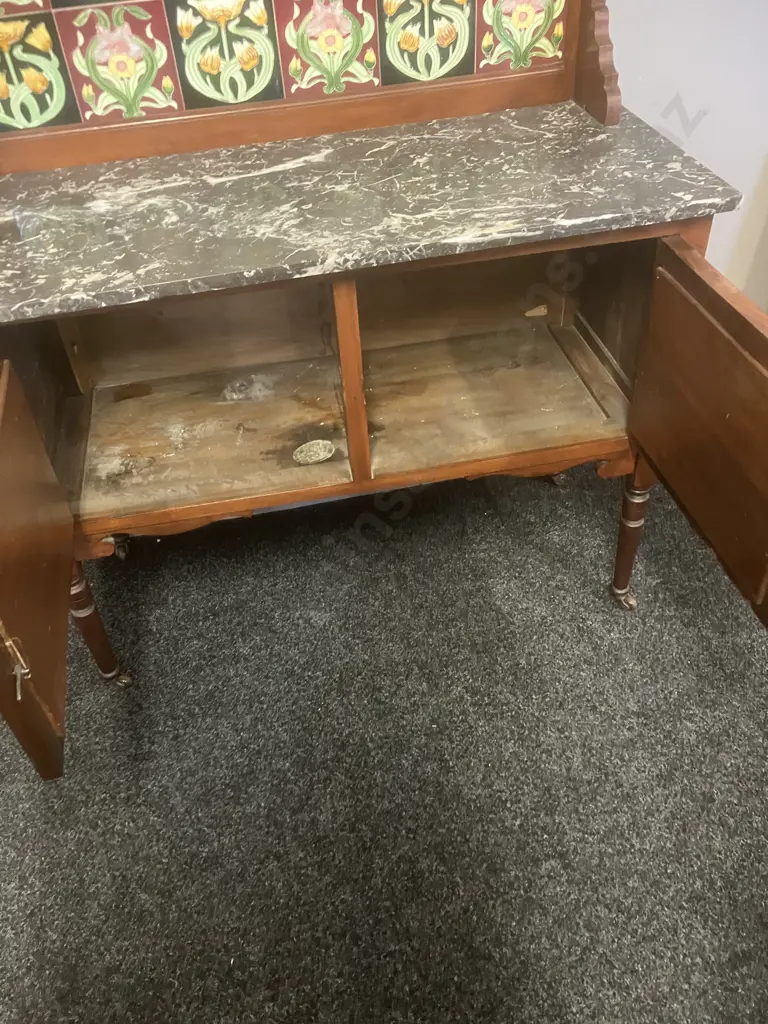 Edwardian Washstand, Bevelled Mirror & Black Marble Top, Art Nouveau Style Tiles, 2 Door Cupboard Base, Ceramic Castors Image 1++