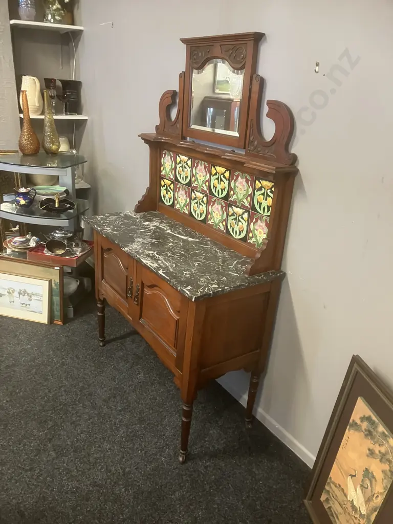 Edwardian Washstand, Bevelled Mirror & Black Marble Top, Art Nouveau Style Tiles, 2 Door Cupboard Base, Ceramic Castors Image 1++