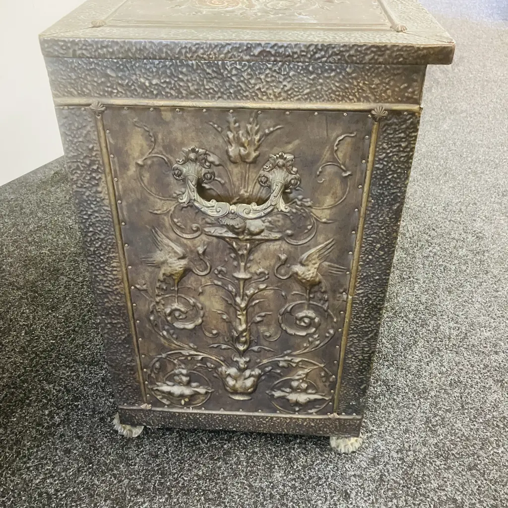 Brass Repousse Highly Ornate Brass Large Fire Coal Box With Liner, Claw Feet, Handles To The Side. H63.5 W77 D40cm Image 1++