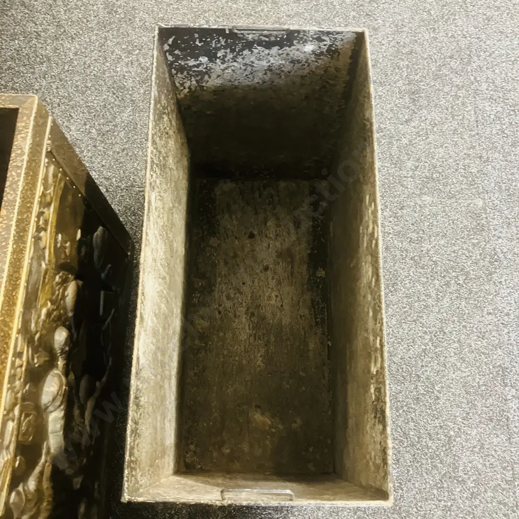 Brass Repousse Highly Ornate Brass Large Fire Coal Box With Liner, Claw Feet, Handles To The Side. H63.5 W77 D40cm Image 1++