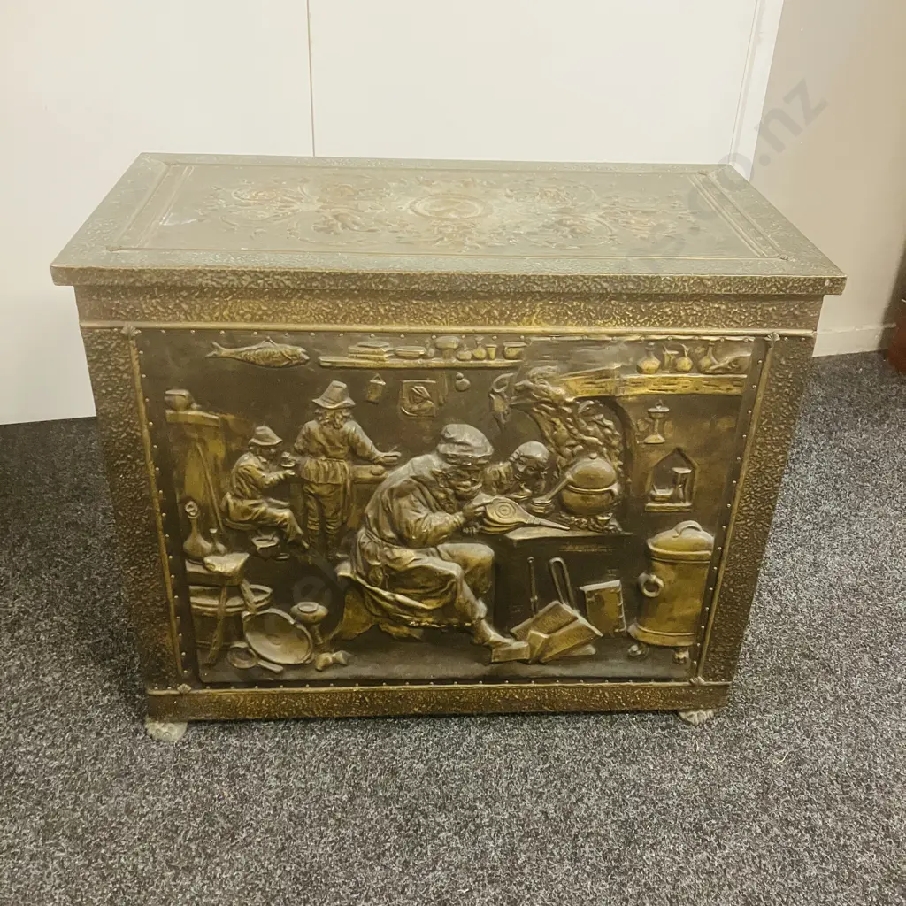 Brass Repousse Highly Ornate Brass Large Fire Coal Box With Liner, Claw Feet, Handles To The Side. H63.5 W77 D40cm Image 1++