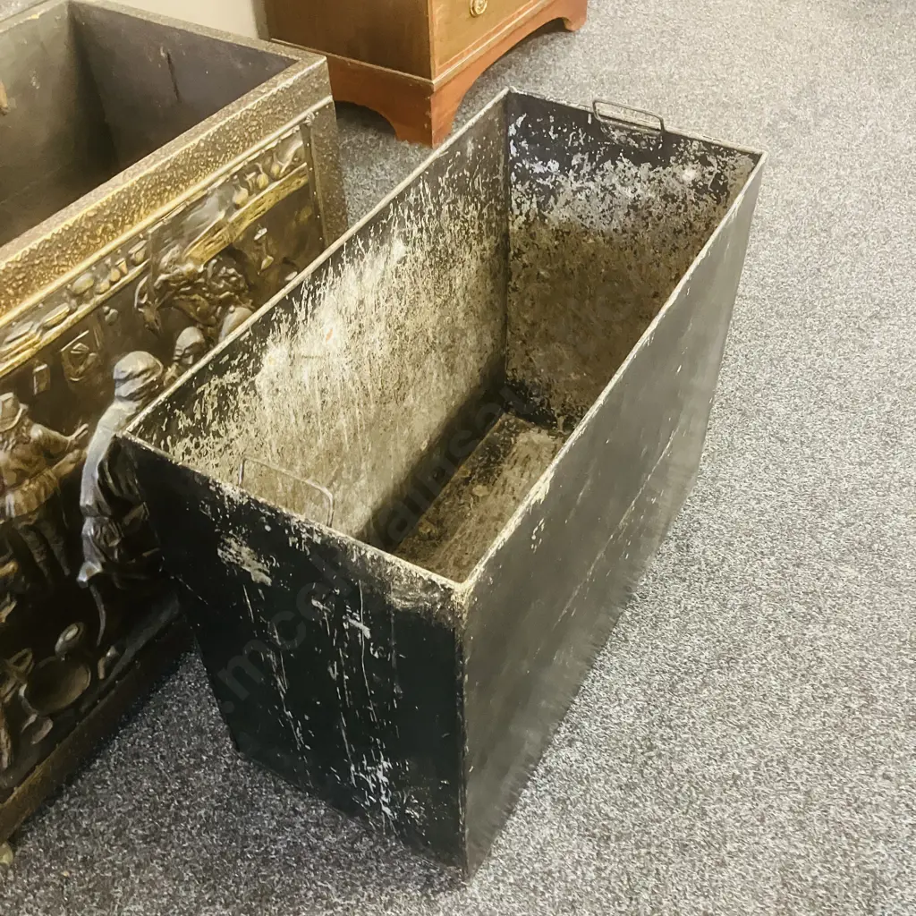 Brass Repousse Highly Ornate Brass Large Fire Coal Box With Liner, Claw Feet, Handles To The Side. H63.5 W77 D40cm Image 1++
