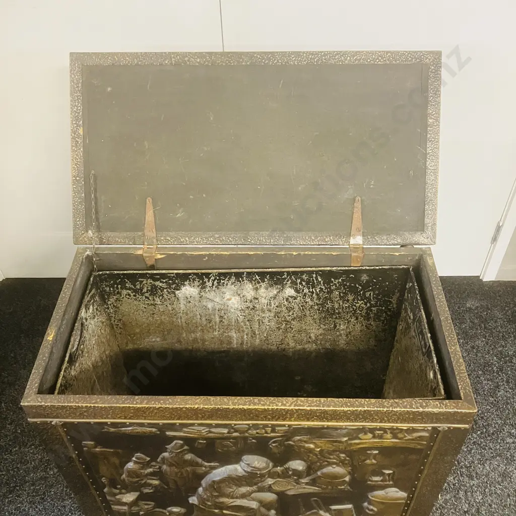 Brass Repousse Highly Ornate Brass Large Fire Coal Box With Liner, Claw Feet, Handles To The Side. H63.5 W77 D40cm Image 1++