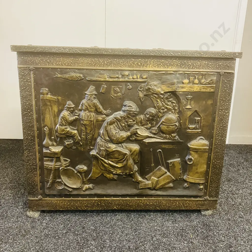 Brass Repousse Highly Ornate Brass Large Fire Coal Box With Liner, Claw Feet, Handles To The Side. H63.5 W77 D40cm Image 1++