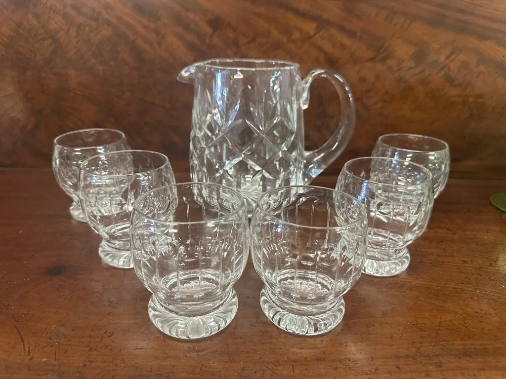 Vintage Crystal Drinks Jug & Six Crystal Spirit Glasses  Image 1++