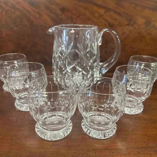 Vintage Crystal Drinks Jug & Six Crystal Spirit Glasses 